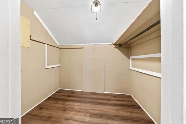 spacious closet with wood-type flooring and vaulted ceiling