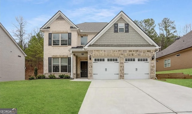 craftsman-style home featuring a garage and a front lawn