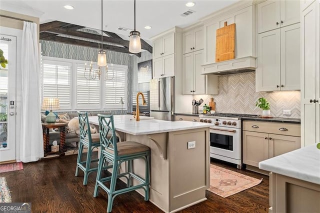 122 Brighton Blvd, Woodstock, GA 30188 - kitchen with tasteful backsplash, a sink, stainless steel appliances, dark wood-type flooring, and visible vents