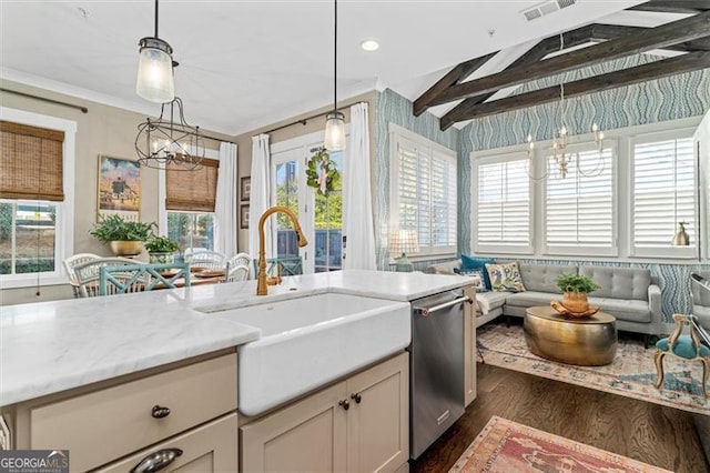 122 Brighton Blvd, Woodstock, GA 30188 - kitchen featuring visible vents, plenty of natural light, a sink, dark wood finished floors, and stainless steel dishwasher