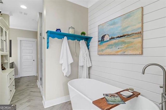 122 Brighton Blvd, Woodstock, GA 30188 - full bathroom featuring recessed lighting, wood walls, a soaking tub, and baseboards