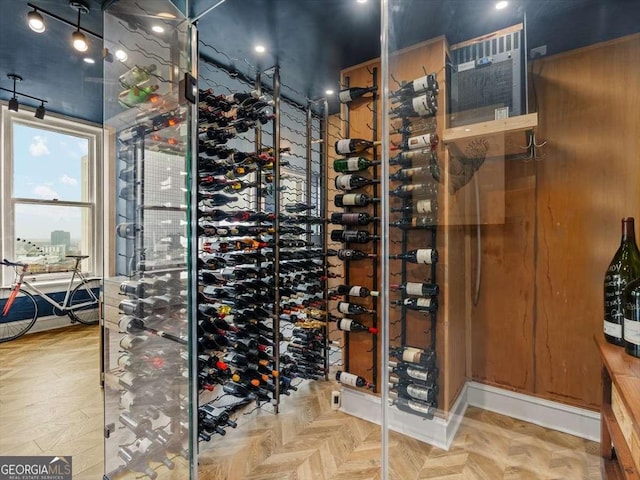 wine cellar featuring parquet floors