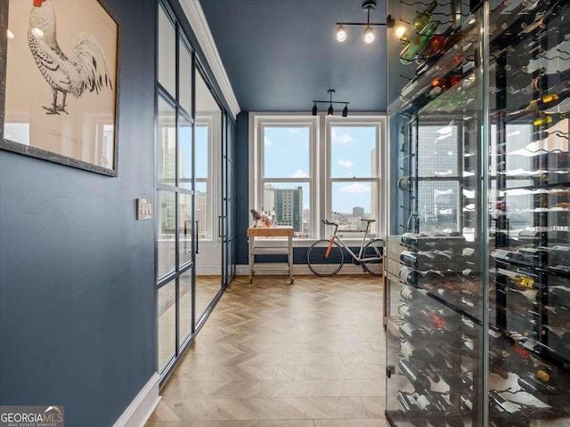 wine room featuring parquet flooring