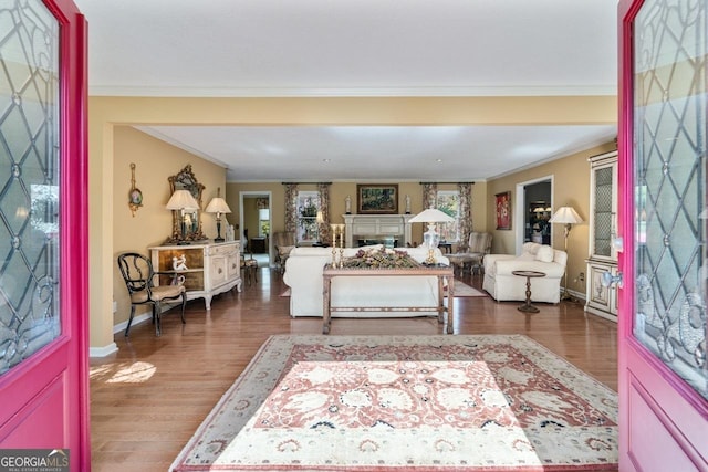 interior space featuring crown molding and dark hardwood / wood-style floors