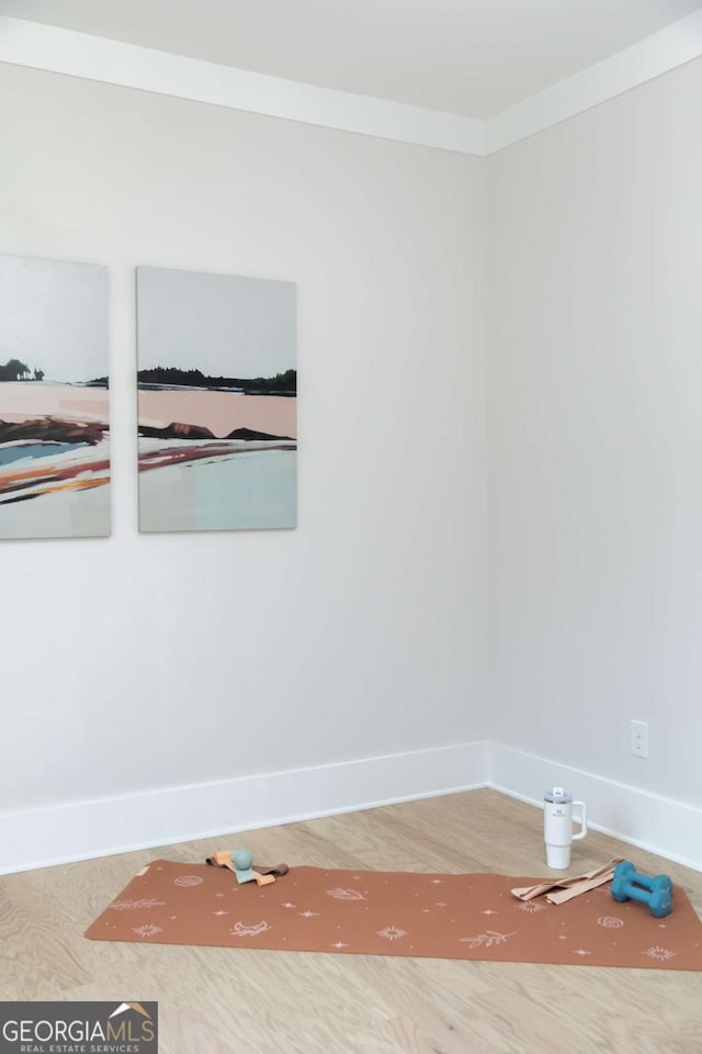 exercise room featuring hardwood / wood-style floors and ornamental molding