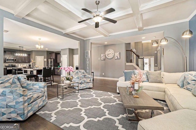 living room featuring coffered ceiling, dark hardwood / wood-style floors, crown molding, and beamed ceiling