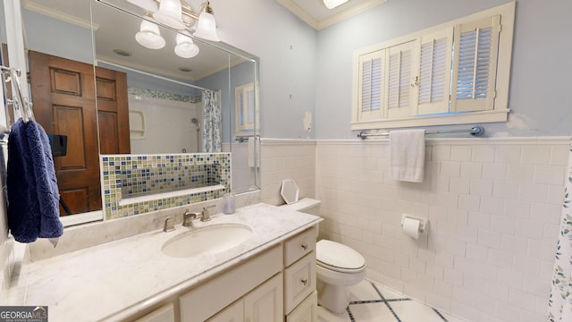 bathroom with tile walls, tile patterned flooring, vanity, toilet, and crown molding