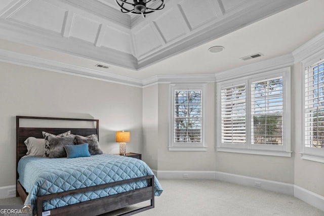 bedroom with multiple windows, ornamental molding, and carpet flooring