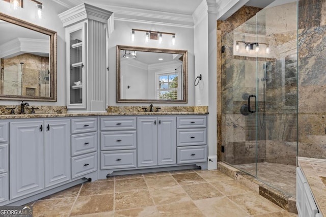 bathroom featuring walk in shower, ornamental molding, and vanity