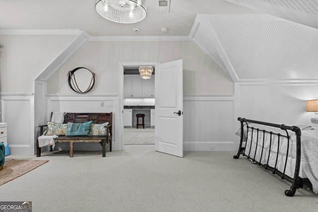 carpeted bedroom featuring crown molding