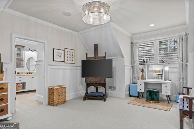 living room featuring light carpet and crown molding