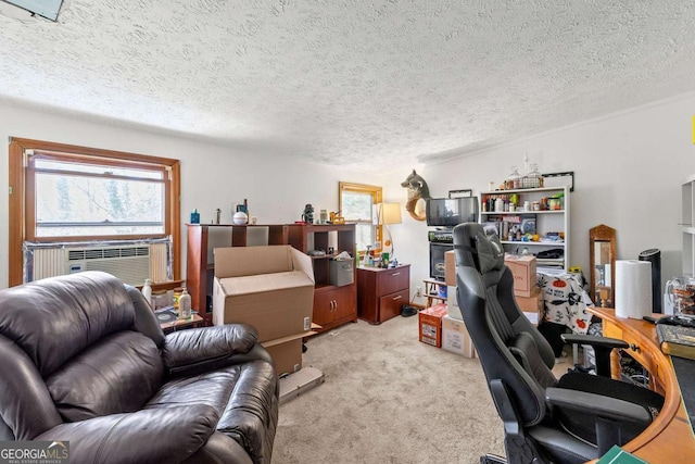 carpeted office with cooling unit and a textured ceiling