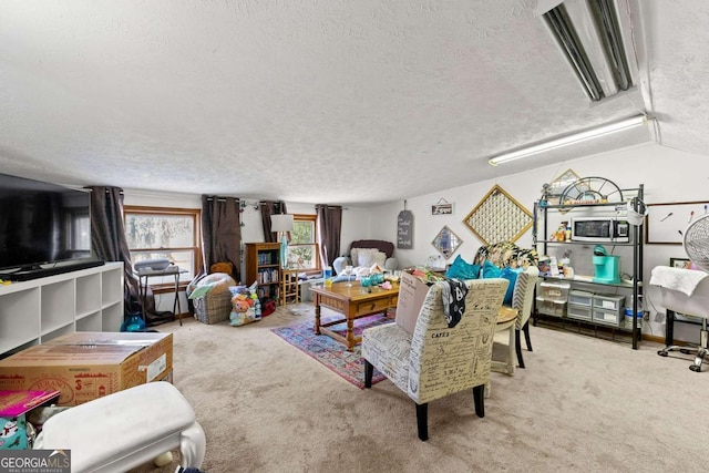 carpeted living room featuring a textured ceiling