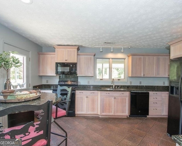 kitchen with visible vents, black appliances, a sink, and light brown cabinets