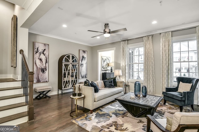 578 Brashy St, Woodstock, GA 30188 - living room featuring ornamental molding, dark wood-type flooring, and ceiling fan