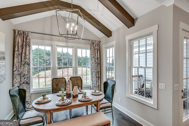 578 Brashy St, Woodstock, GA 30188 - dining area with vaulted ceiling with beams, dark hardwood / wood-style floors, and a chandelier
