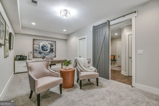 578 Brashy St, Woodstock, GA 30188 - living area featuring light carpet and a barn door