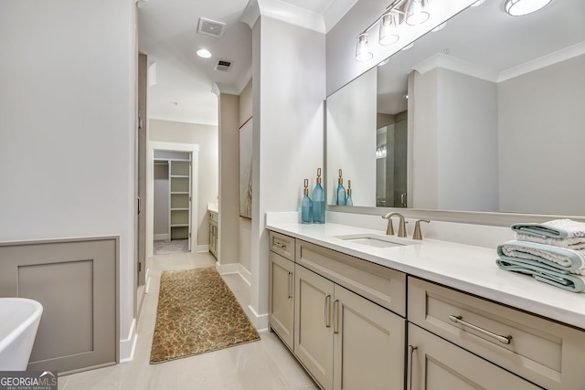 578 Brashy St, Woodstock, GA 30188 - bathroom featuring ornamental molding, a shower with shower door, and vanity