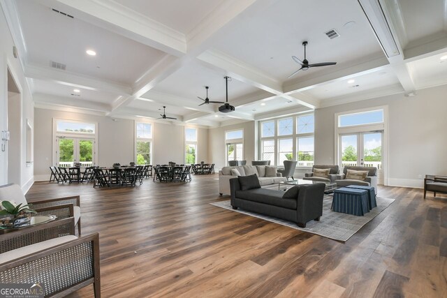 578 Brashy St, Woodstock, GA 30188 - living room with beamed ceiling, coffered ceiling, dark hardwood / wood-style floors, and french doors