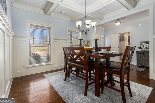 dining room with dark hardwood / wood-style flooring, coffered ceiling, and beamed ceiling