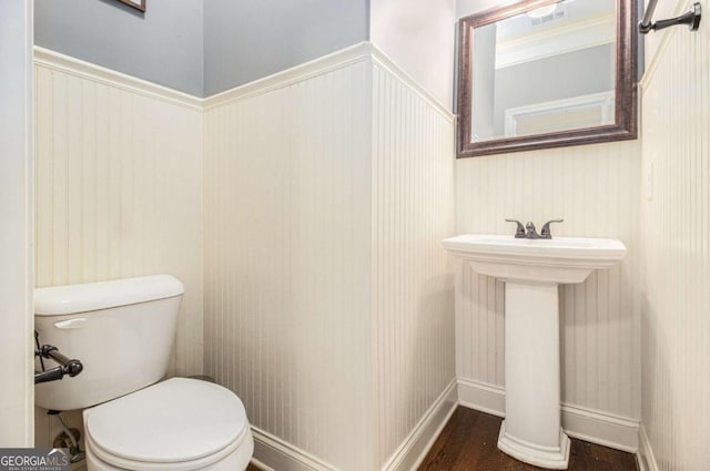 bathroom with wood-type flooring, sink, and toilet