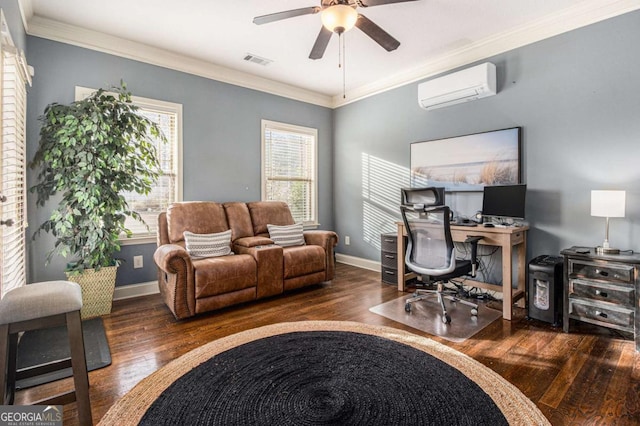 home office featuring crown molding, dark hardwood / wood-style floors, an AC wall unit, and ceiling fan