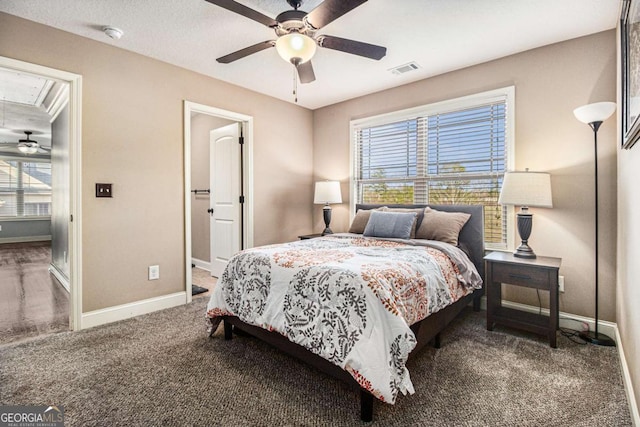 bedroom featuring ceiling fan and carpet flooring