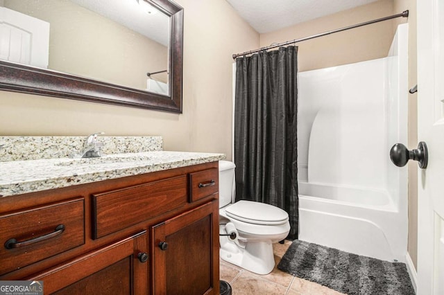 full bathroom with shower / bath combination with curtain, tile patterned floors, toilet, and vanity