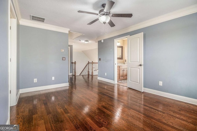 unfurnished room featuring crown molding, dark wood-type flooring, and ceiling fan