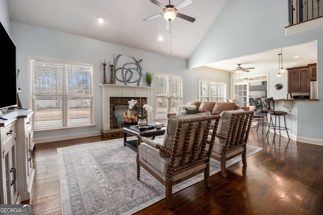 living room with high vaulted ceiling, a healthy amount of sunlight, and dark hardwood / wood-style flooring