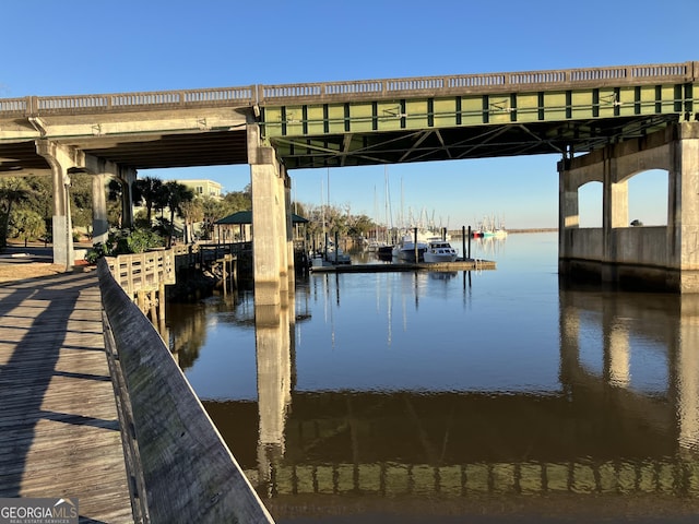 view of dock with a water view