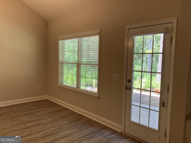 doorway to outside featuring vaulted ceiling, plenty of natural light, and dark hardwood / wood-style flooring