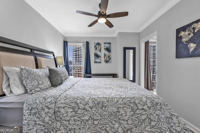 bedroom featuring baseboards, a ceiling fan, and crown molding