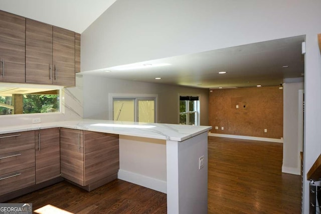 kitchen with dark hardwood / wood-style floors, kitchen peninsula, and a healthy amount of sunlight