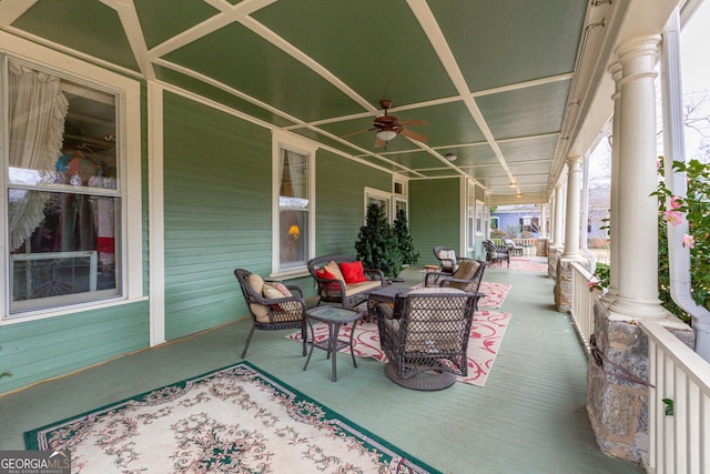 view of patio / terrace featuring ceiling fan and a porch