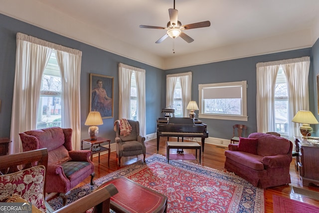 living area with ceiling fan and wood-type flooring