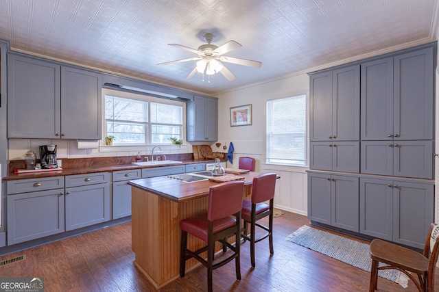 kitchen with sink, gray cabinetry, wooden counters, and dark hardwood / wood-style flooring