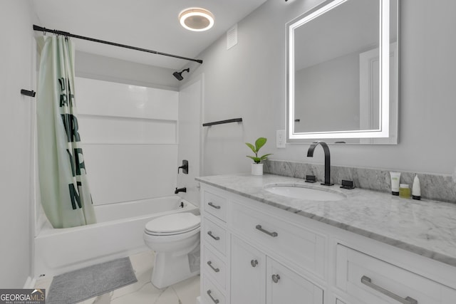 full bathroom featuring toilet, vanity, and shower / bathtub combination with curtain