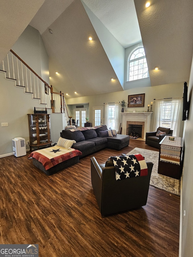 living room featuring dark wood-type flooring and high vaulted ceiling