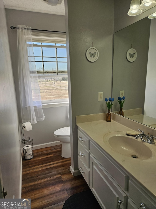 bathroom with vanity, toilet, and hardwood / wood-style floors