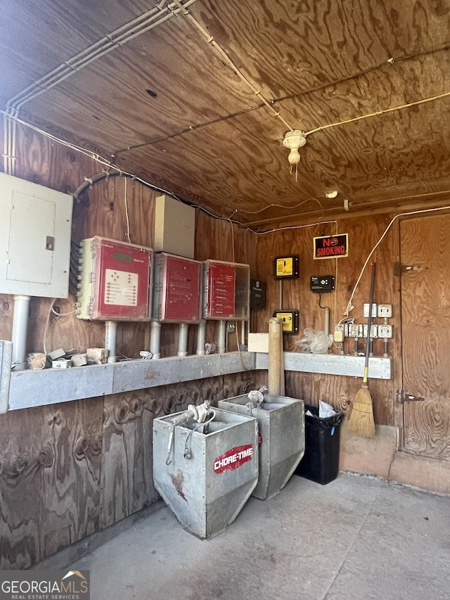 interior space with concrete flooring, electric panel, wood ceiling, and wood walls