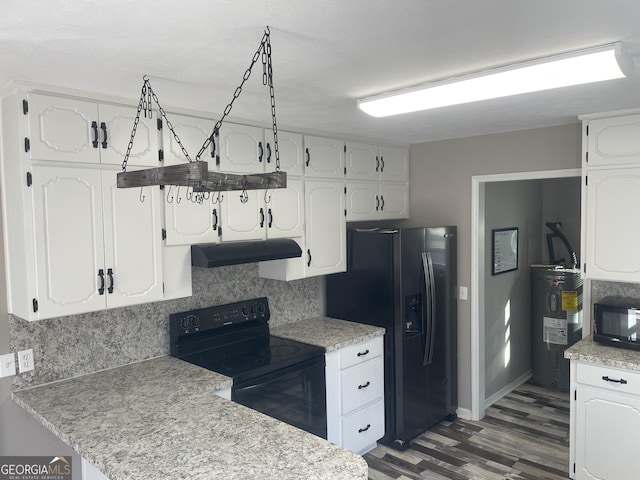 kitchen featuring electric water heater, tasteful backsplash, white cabinets, black appliances, and dark hardwood / wood-style flooring