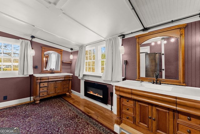 bathroom with vanity, hardwood / wood-style floors, and walk in shower