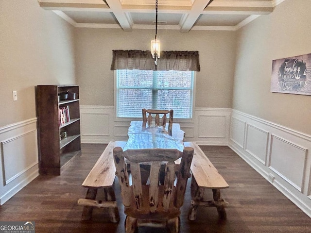 dining space featuring dark wood finished floors, beam ceiling, and wainscoting