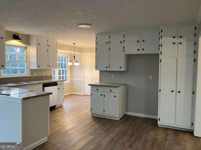 kitchen with white cabinetry, decorative light fixtures, and dishwashing machine