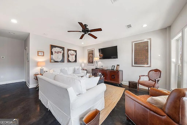 living room with ceiling fan