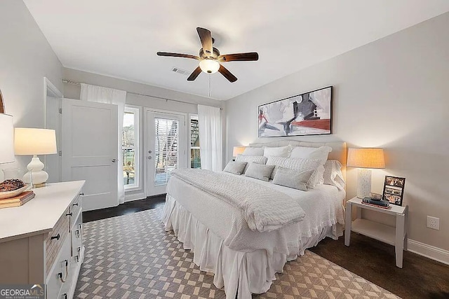 bedroom featuring ceiling fan and access to exterior