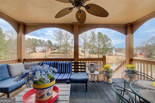 view of patio with an outdoor hangout area, a deck, and ceiling fan