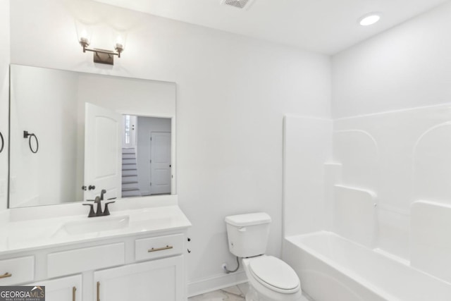 full bathroom with vanity, shower / washtub combination, and toilet