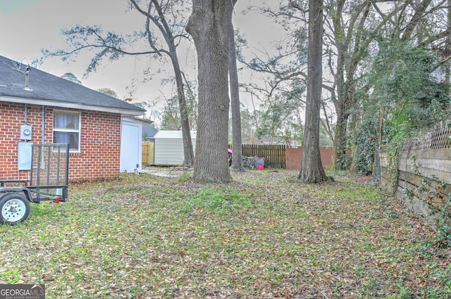 view of yard with a storage shed